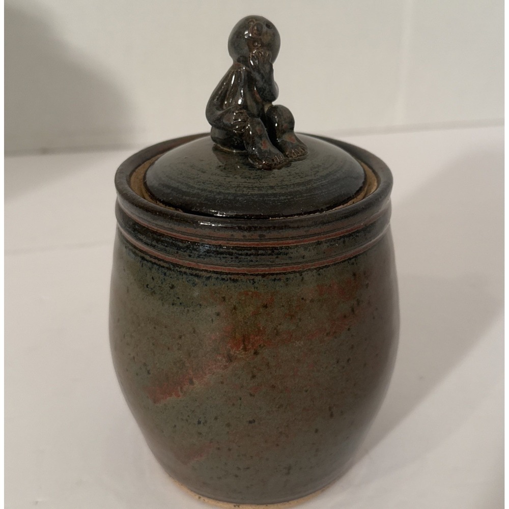 Original Studio Art Pottery Lidded Jar with Person Sitting On The Lid-Signed